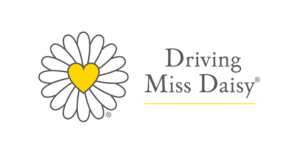 Driving Miss Daisy companion driving service logo with a daisy flower with yellow center and white petals