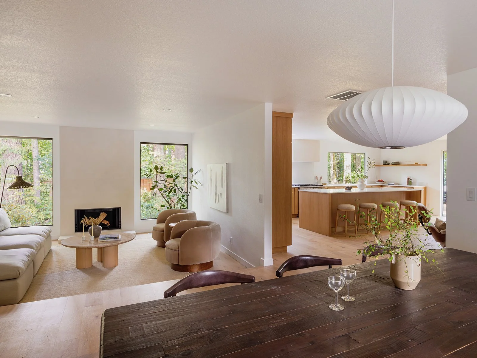 Kitchen and living room plaster fireplace