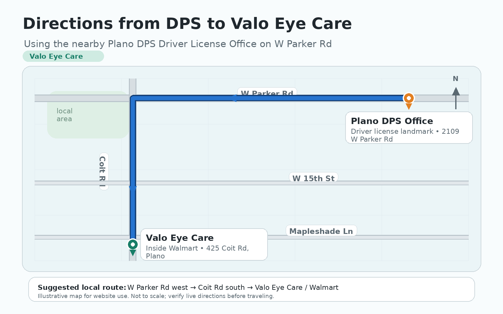 Directions map from the Plano DPS Driver License Office near W Parker Rd to Valo Eye Care in Plano