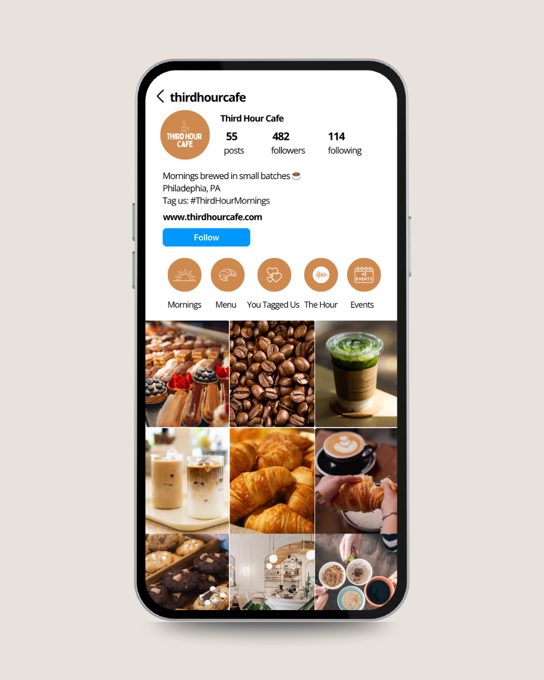 Instagram profile page of Third Hour Cafe featuring posts of baked goods, coffee beans, and drinks.