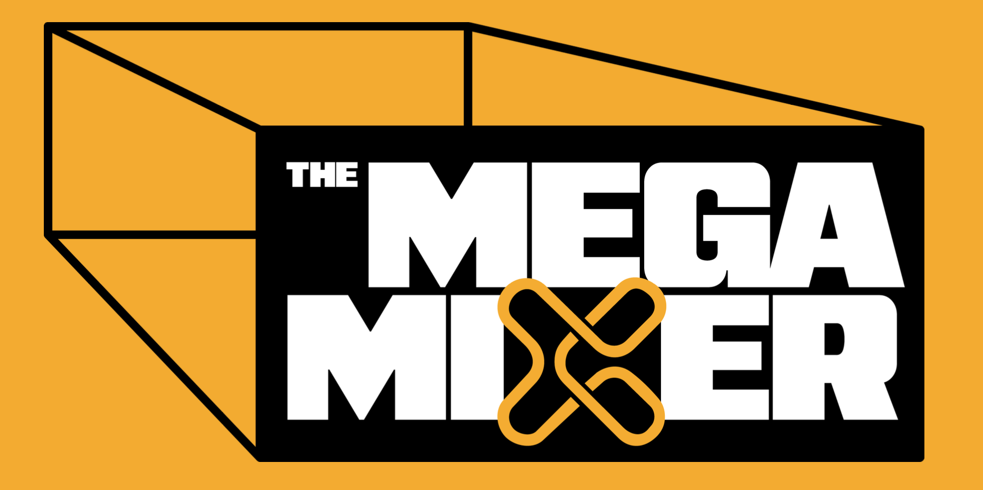 The logo of the Mega Mixer, featuring a black and white block text with a yellow cartoony shape and black outlines on a yellow background.