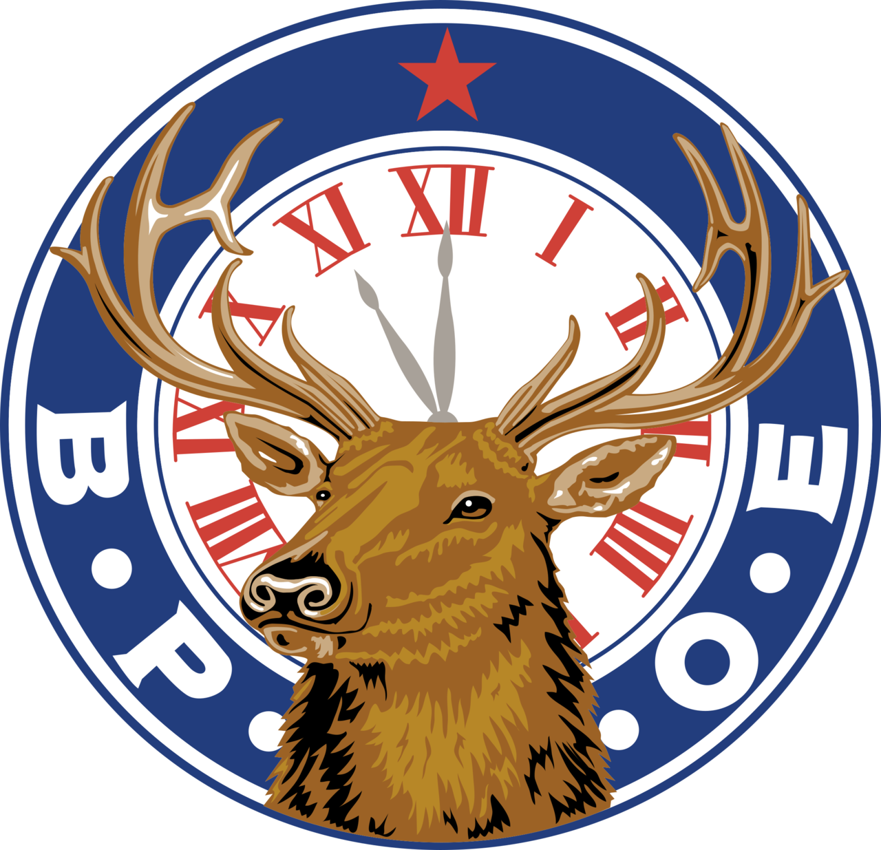 Logo of the Brotherhood of the Protective order of the Elks featuring a brown deer with large antlers, a white clock showing 11:55, a red star, and a blue background with white text reading 'B.P.O.E'.