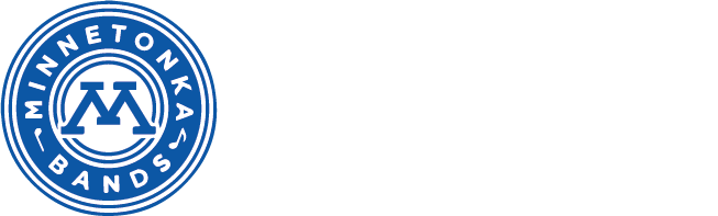 Minneonka Band Boosters logo with blue circular emblem and white text on black background
