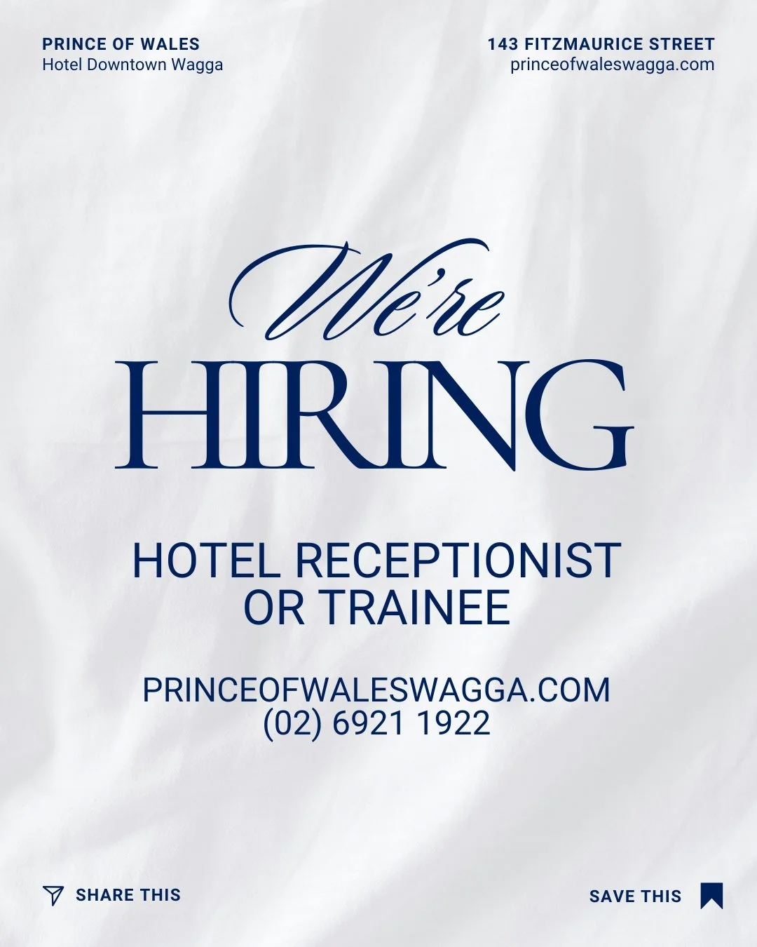We&rsquo;re Hiring at Prince of Wales Hotel, Downtown Wagga

Looking to start your hospitality career&mdash;or take it up a notch?

We&rsquo;re on the lookout for a Hotel Receptionist or Trainee to join the team at our iconic venue in downtown Wagga.