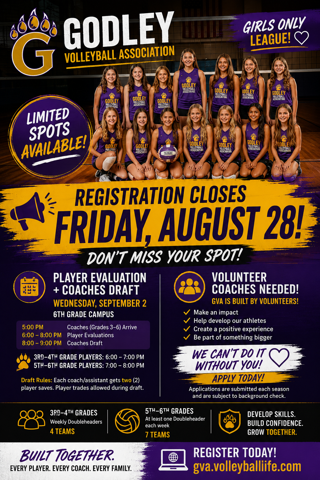 A poster for the Godley Volleyball Association Girls Only League. It features a team photo of young female volleyball players in purple uniforms, with a large logo and mascot paw print. The poster announces registration closing date, volunteer coach opportunities, and other program details.
