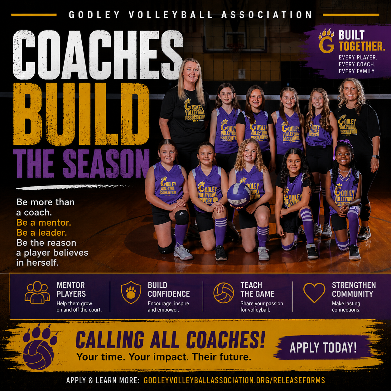 Group of young female volleyball players with two coaches in a gym, promoting the Godley Volleyball Association's coaching and mentoring program, with text encouraging coaches to get involved.