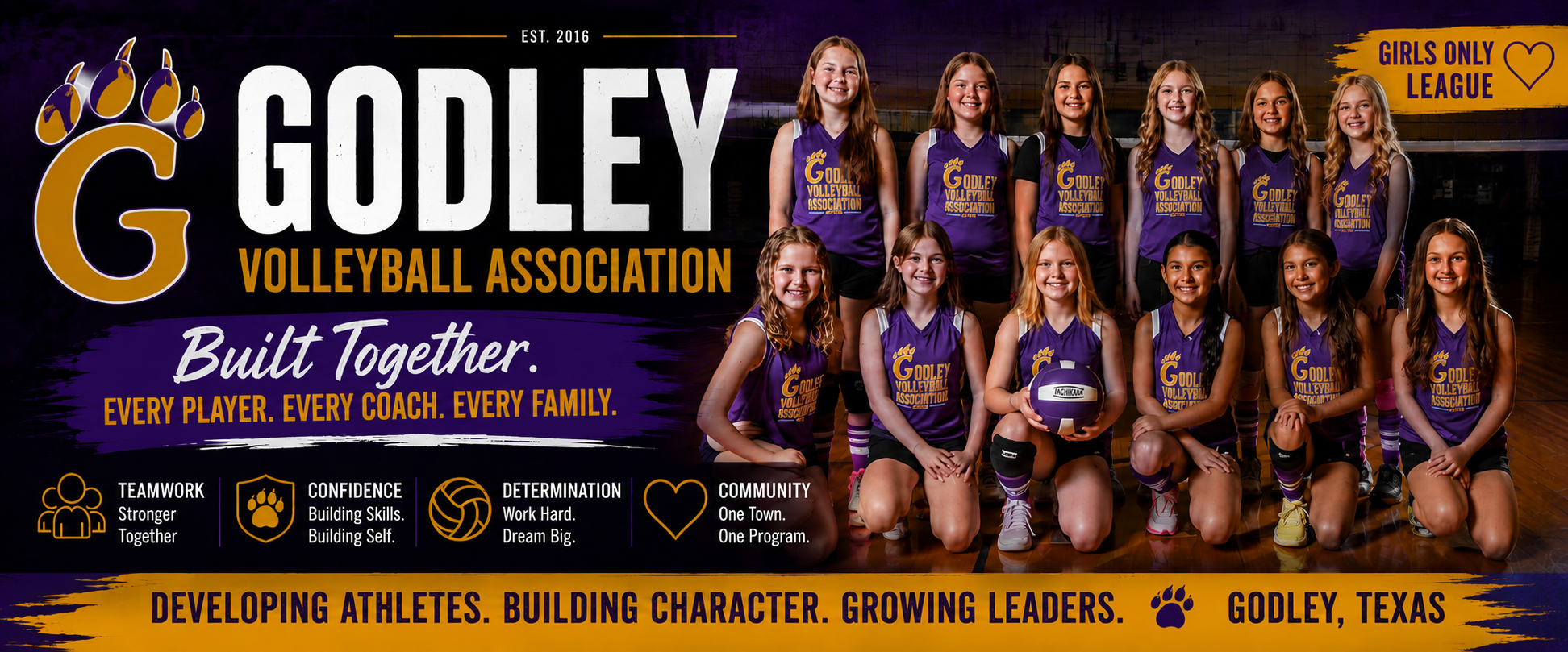Group of young girls in purple volleyball jerseys with yellow text, posing in a gymnasium with a volleyball and a net in the background, representing the Godley Volleyball Association.