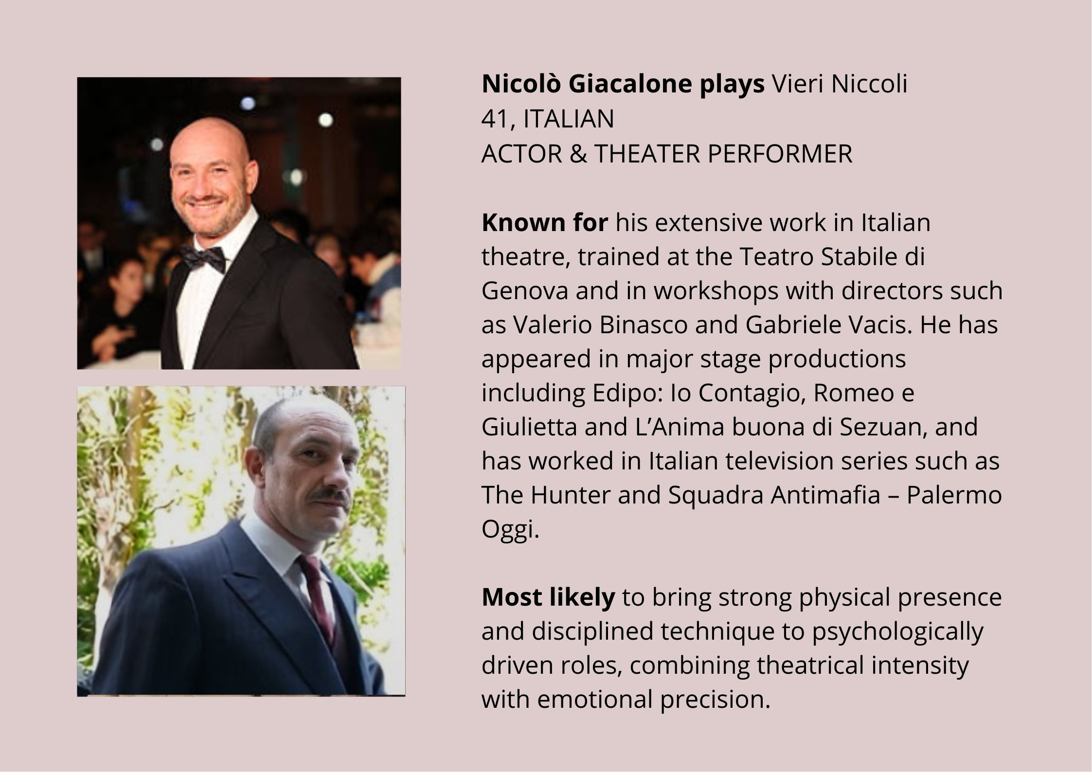 Nicolò Giacalone plays Vieri Niccoli