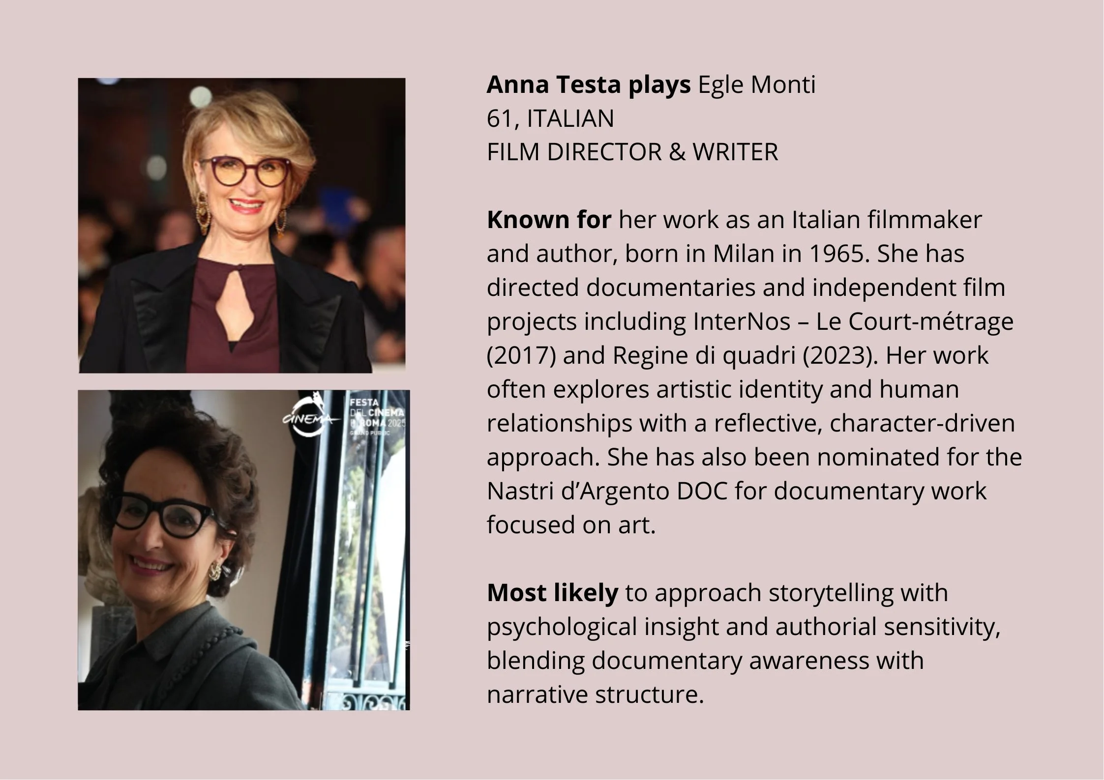 Anna Testa plays Egle Monti 