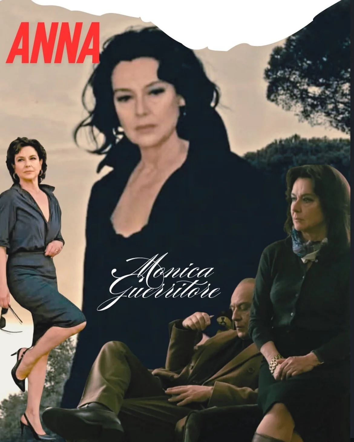 Collage of four images of a woman with dark hair, including one in the background with a blurred outdoor setting, one standing with a handbag, and two sitting, with the text 'ANNA' in red and 'Monica Guerritore' in white cursive.