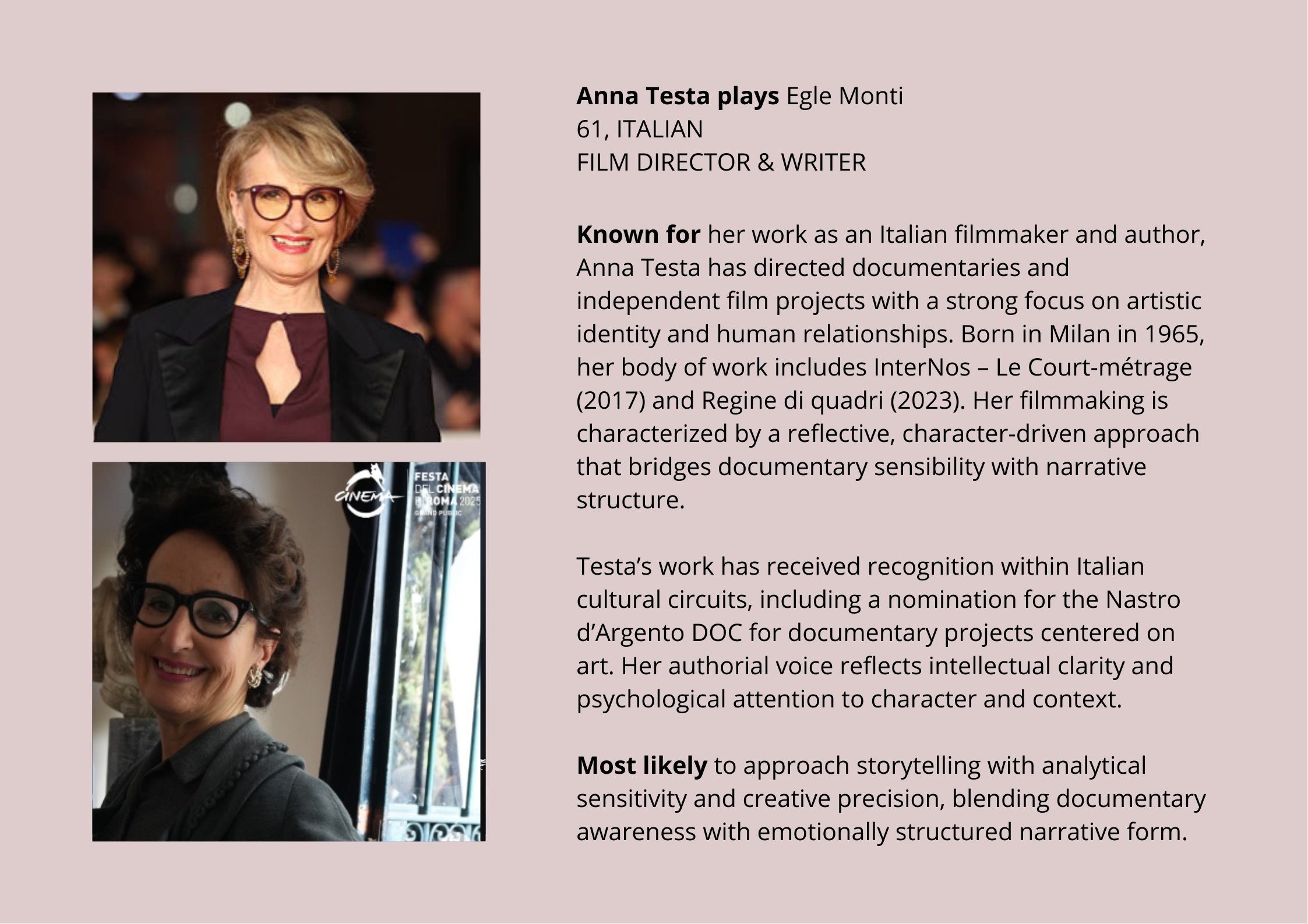 Anna Testa plays Egle Monti 