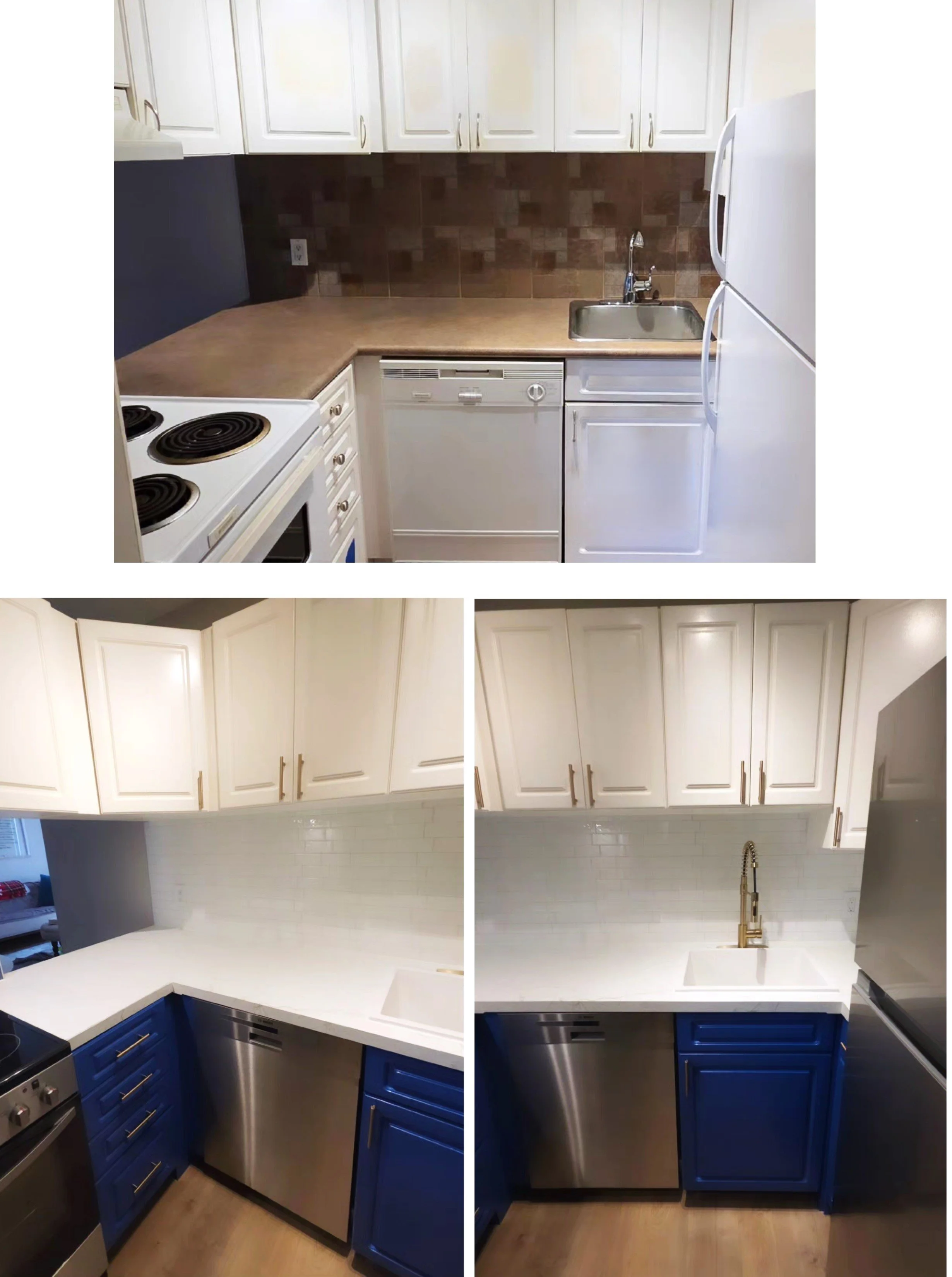 Apartment kitchen renovation including new countertop, sink, faucet, backsplash, handles, appliances.