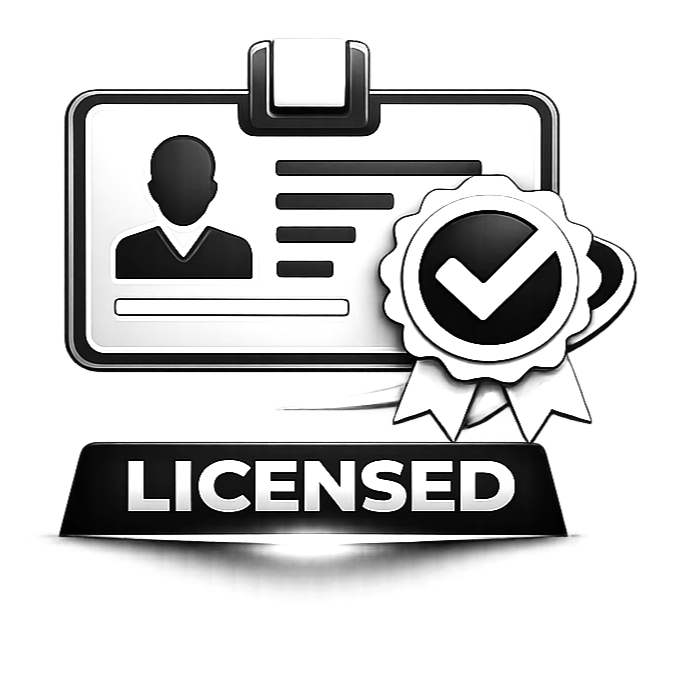 Illustration of a licensed identification badge with a checkmark badge overlay. The word "LICENSED" is displayed prominently below.