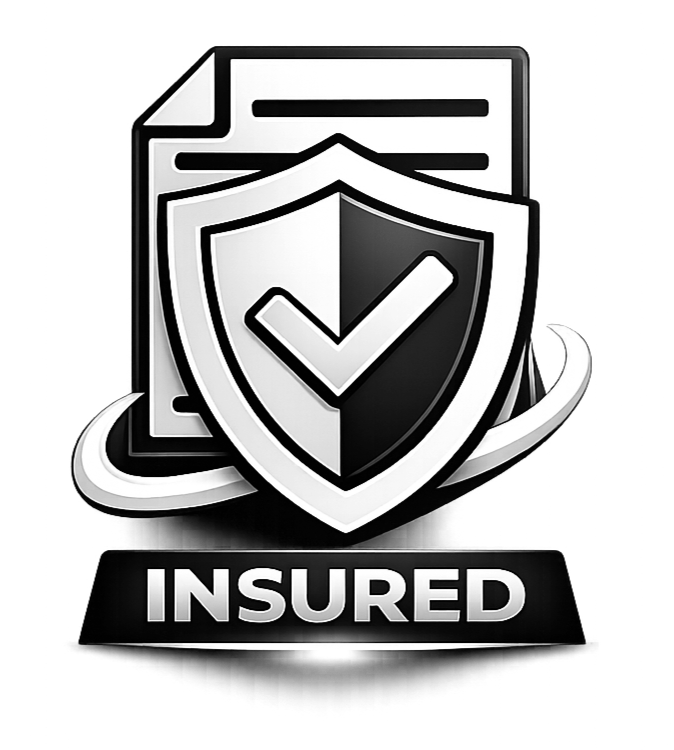 A black and white digital graphic with a shield bearing a checkmark in front of a document icon, and the word "INSURED" below.