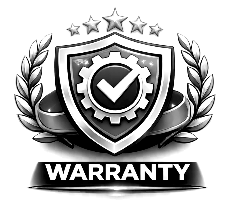 A warranty badge featuring a shield with a check mark inside a gear, surrounded by laurel branches, five stars above, and the word 'WARRANTY' at the bottom.