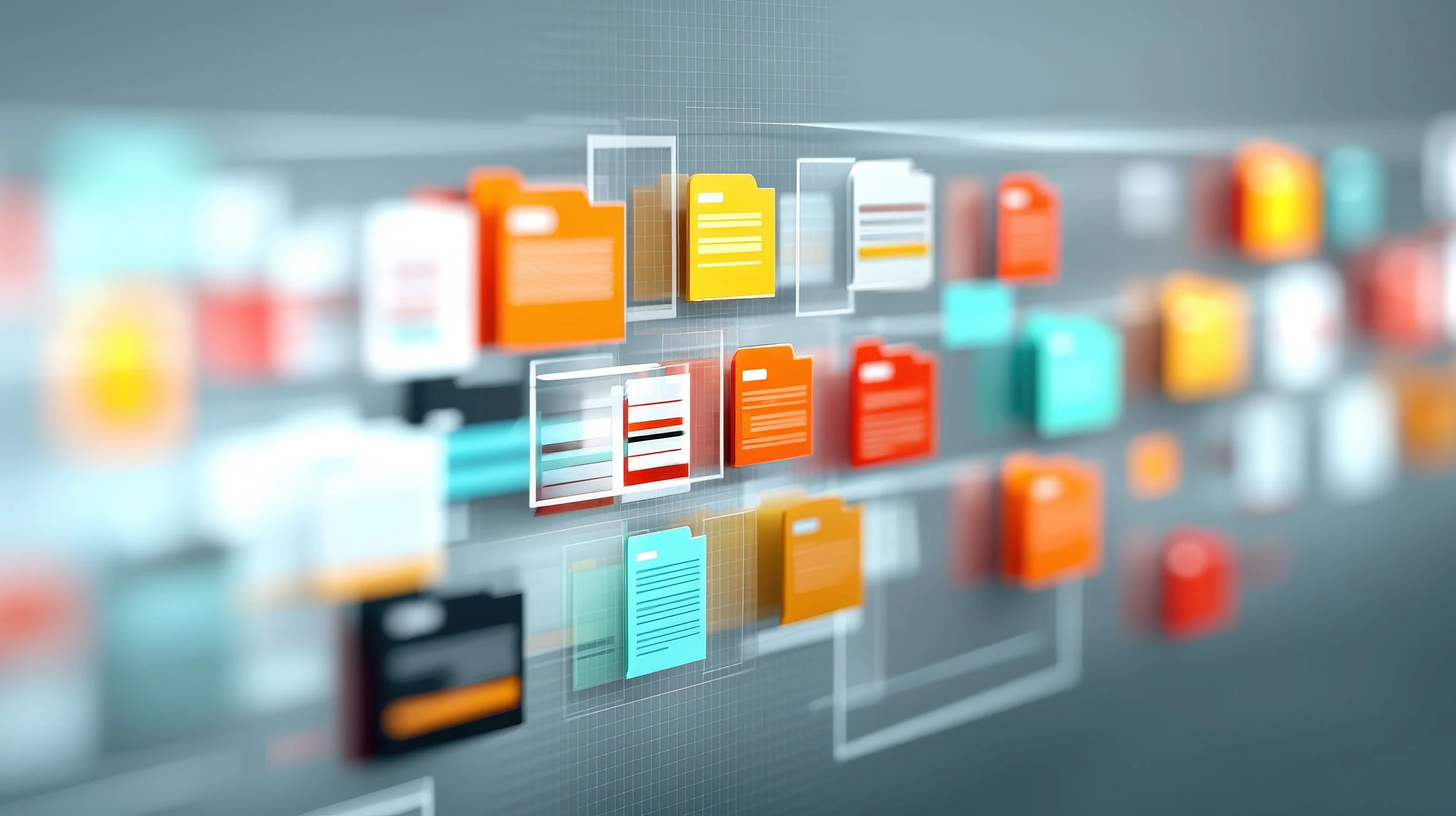 Digital visualization of colorful file folders and documents organized in a virtual interface.