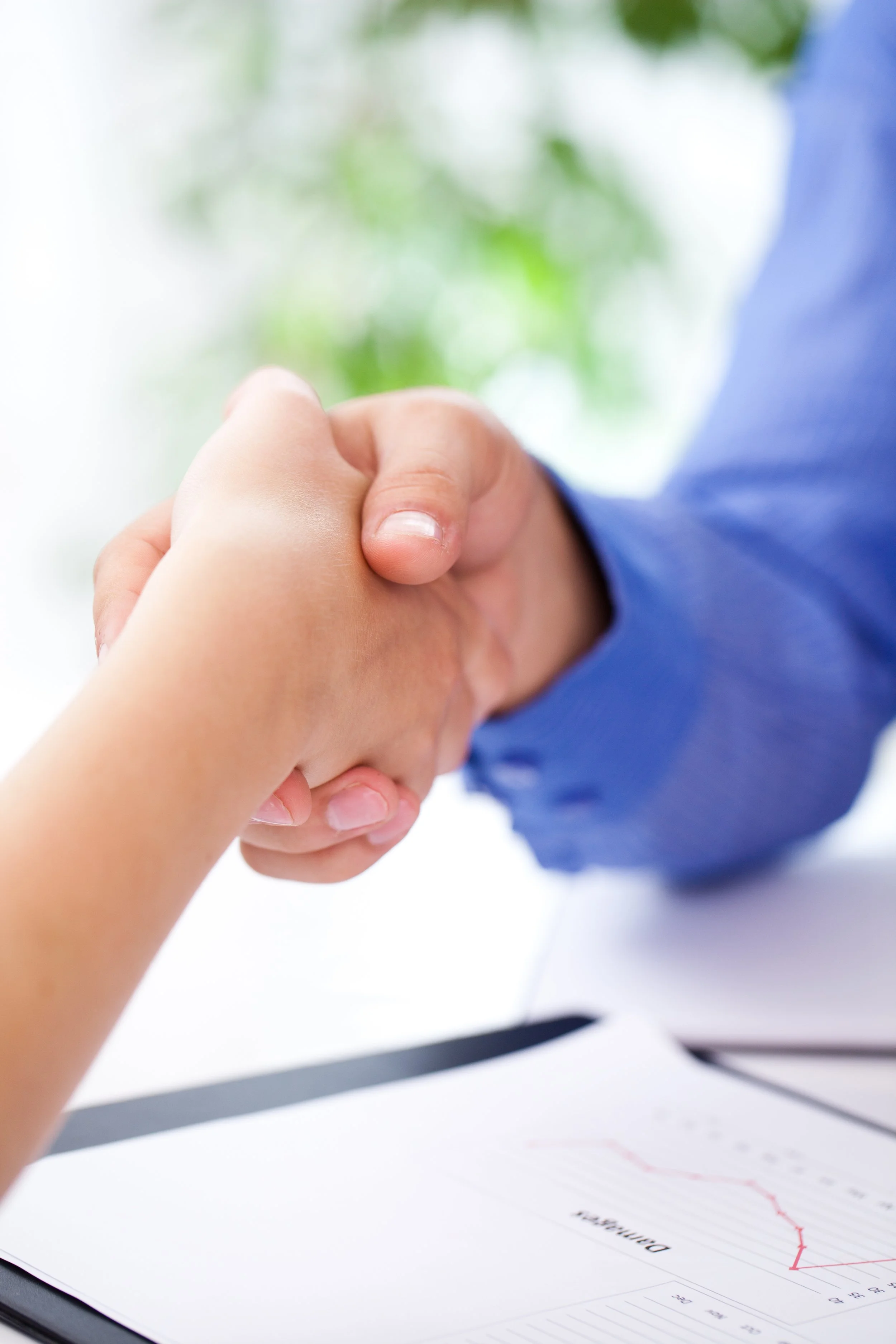 Close-up of a handshake between two people, with a blurred document and greenery in the background.