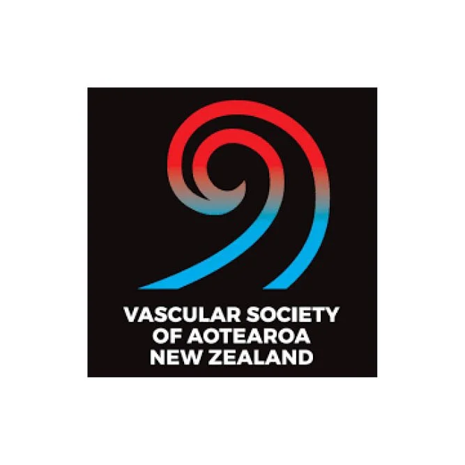 Logo of Vascular Society of Aotearoa New Zealand featuring a swirl design in red and blue on a black background with the organization's name below.