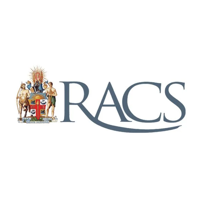 The logo of RACS with a crest featuring two figures and various symbols.