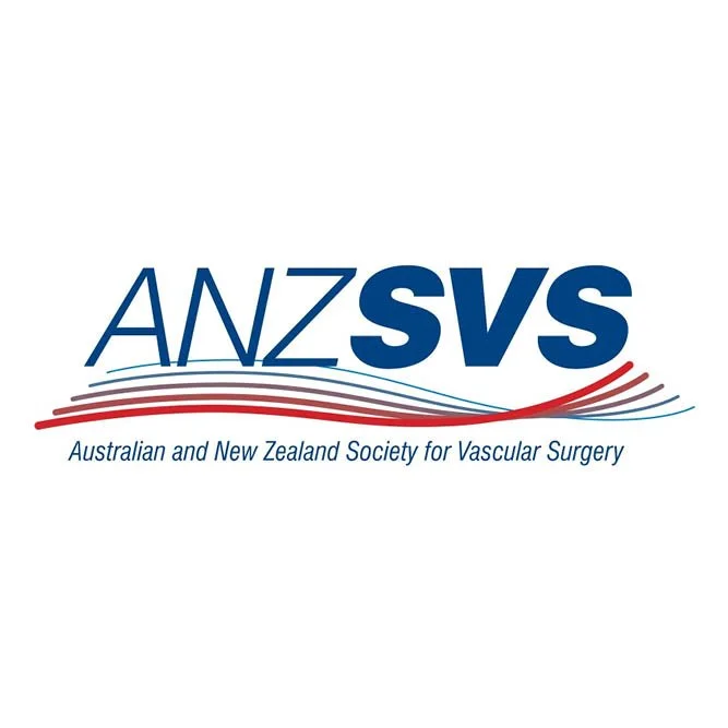 Logo of Australian and New Zealand Society for Vascular Surgery with blue and red wavy lines.