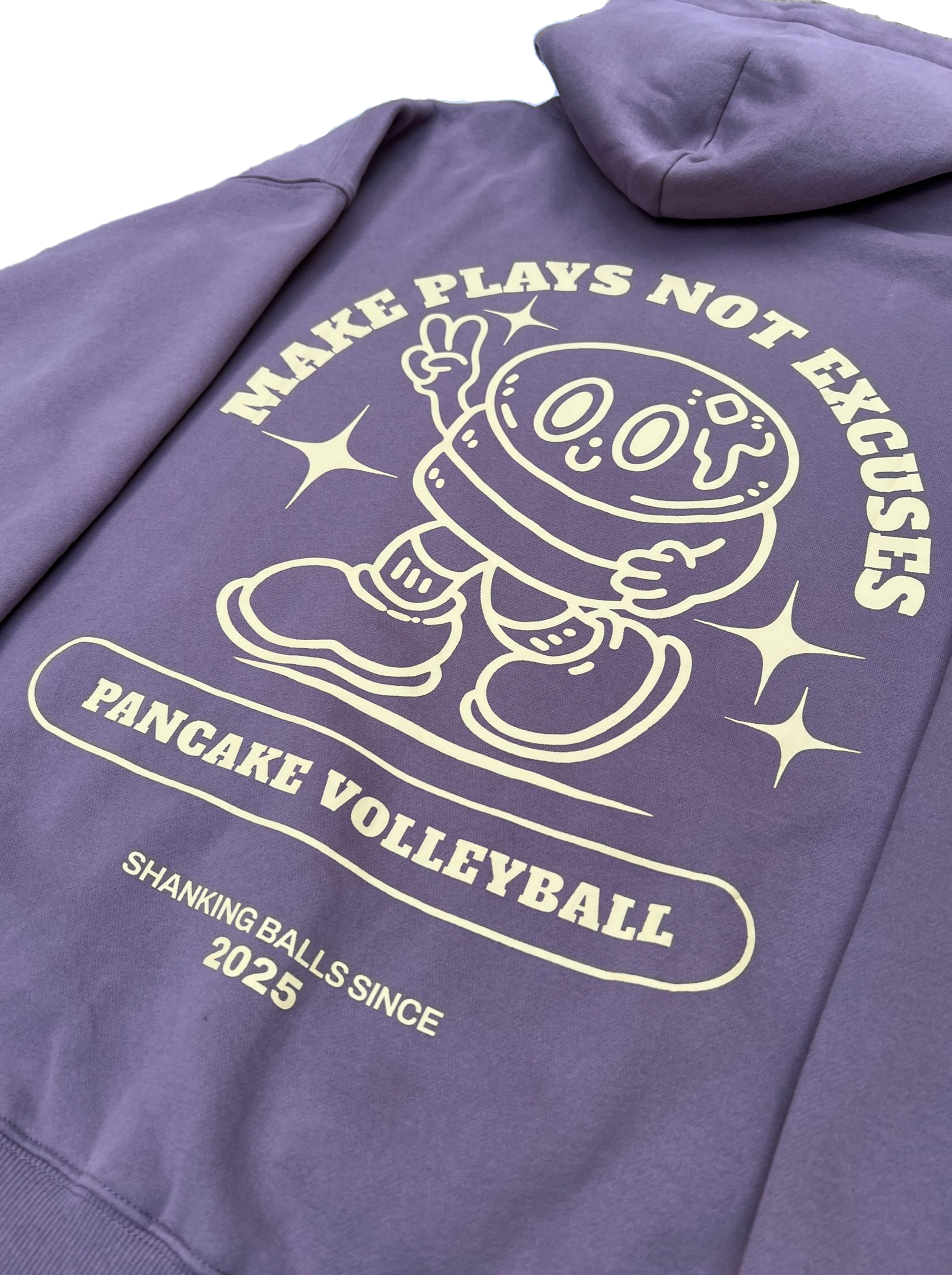 Purple Pancake Volleyball hoodie with cartoon pancake playing volleyball, bold volleyball merch blending streetwear style and court culture