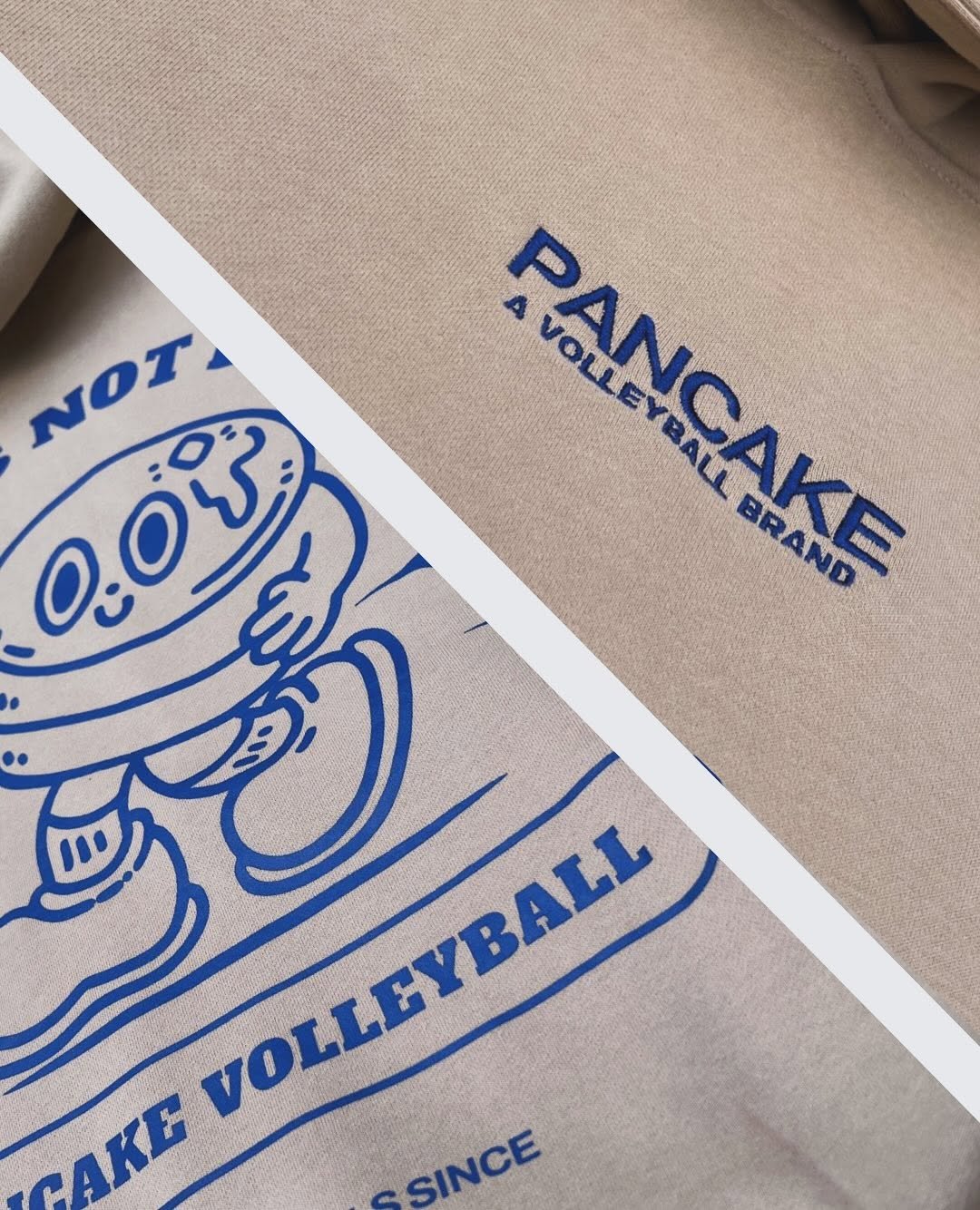 Close-up of beige fabric Pancake Volleyball clothing designed for volleyball players and fans, blending athletic comfort with bold streetwear aesthetics