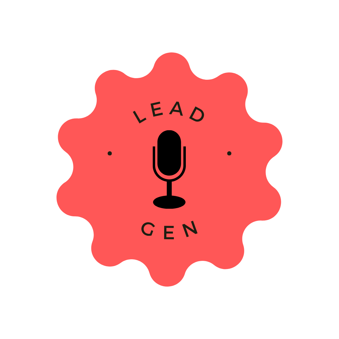 Logo with a red, scalloped circular background, a black microphone icon in the center, and the words 'LEAD GEN' curved above and below the microphone.