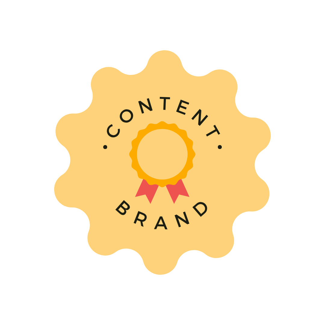 A badge with a gold medal ribbon in the center, surrounded by a yellow scalloped background, with the words 'Content Brand' in black, curved around the medal.