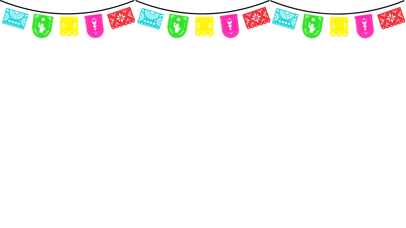 Colorful papel picado banners with fringe and cut-out patterns, spelling out "FIESTA" and decorated with cacti, hanging against a white background.