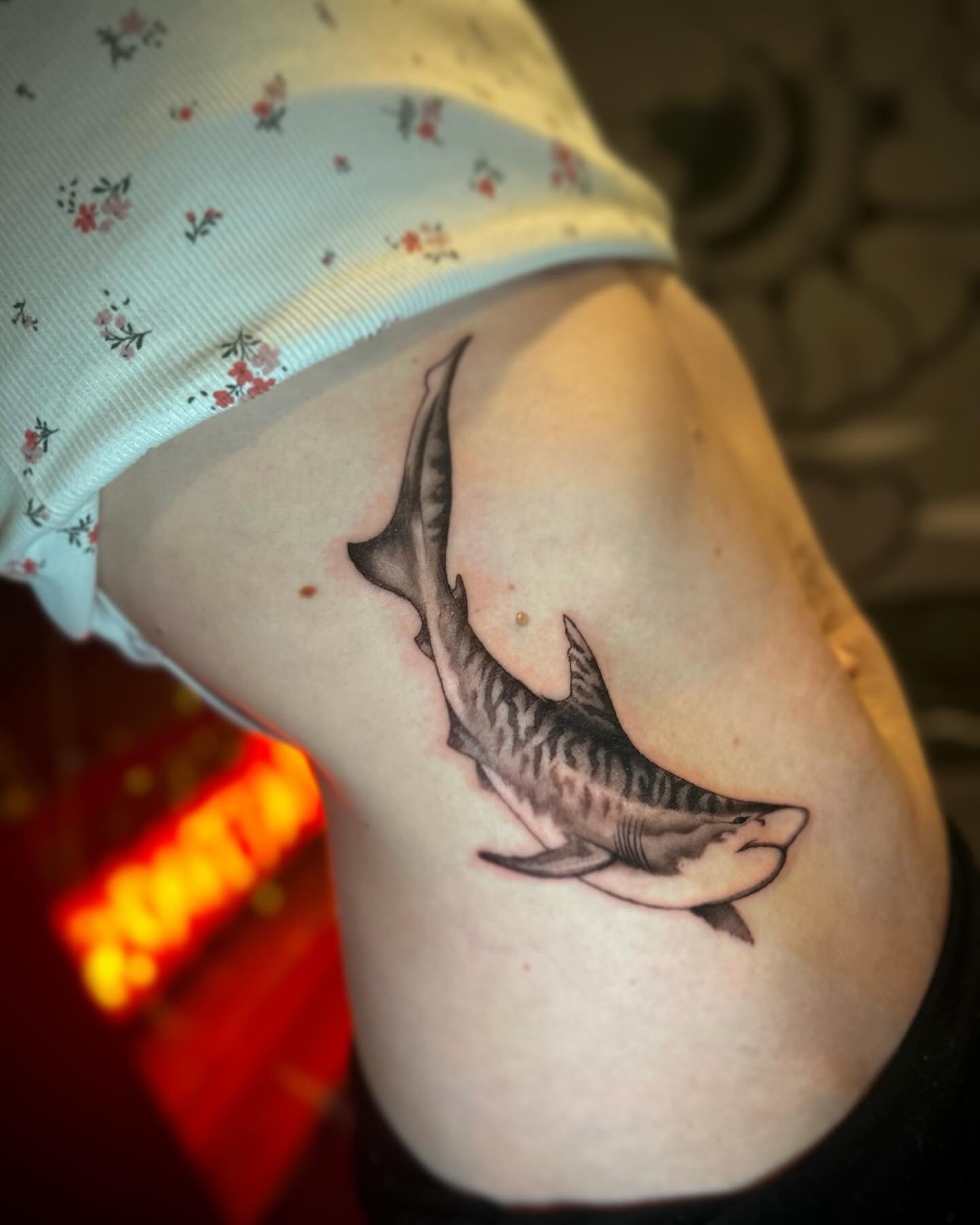Fine line realism tiger shark tattoo