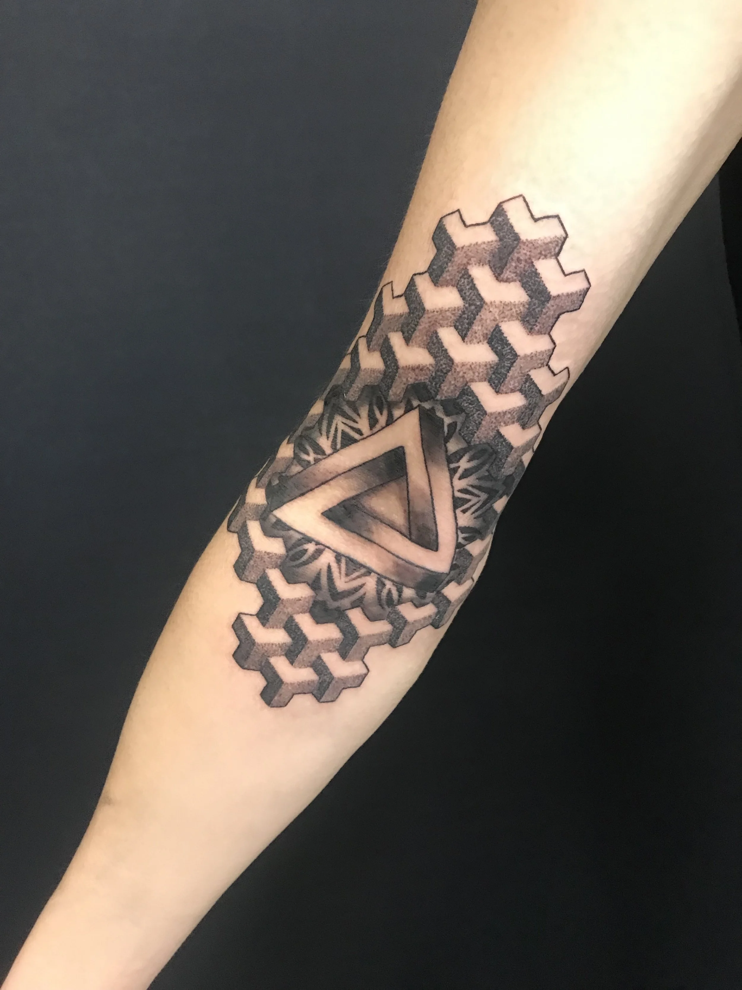 Elbow ditch sacred geo primrose triangle isometric tattoo geometric