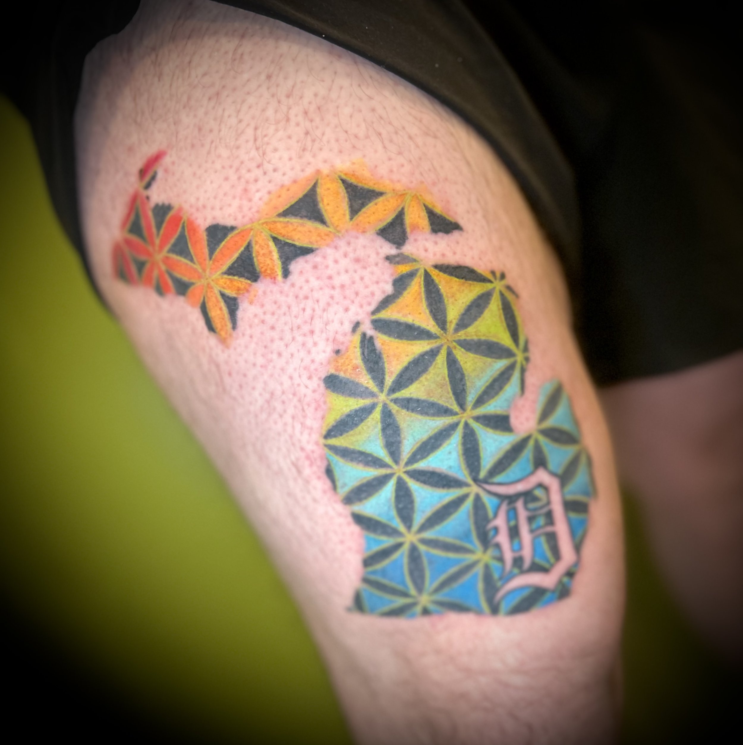 Flower of life colored Michigan mitten tattoo
Detroit D tattoo