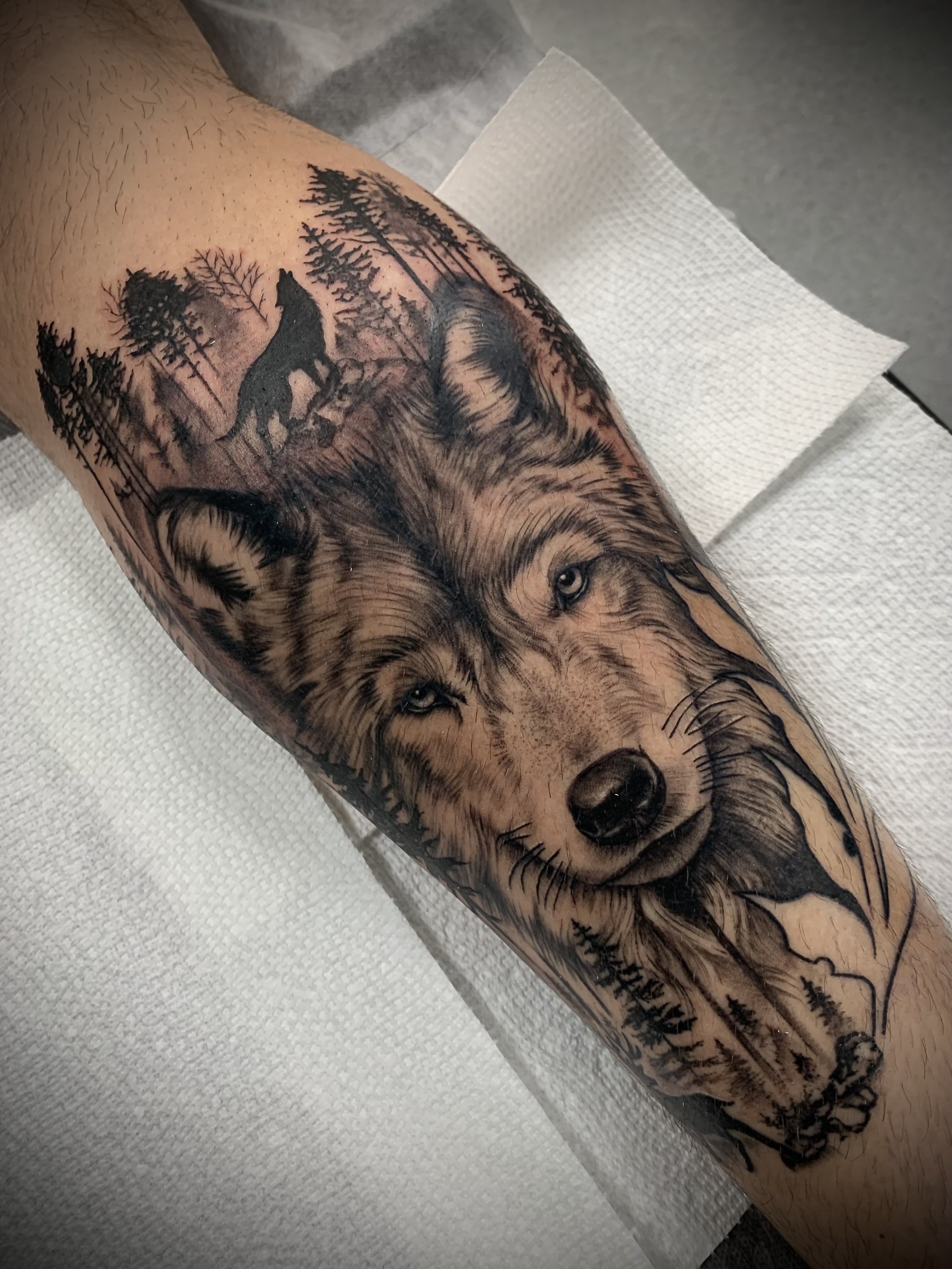 Black and grey wolf surrealism tattoo
Forest tattoo