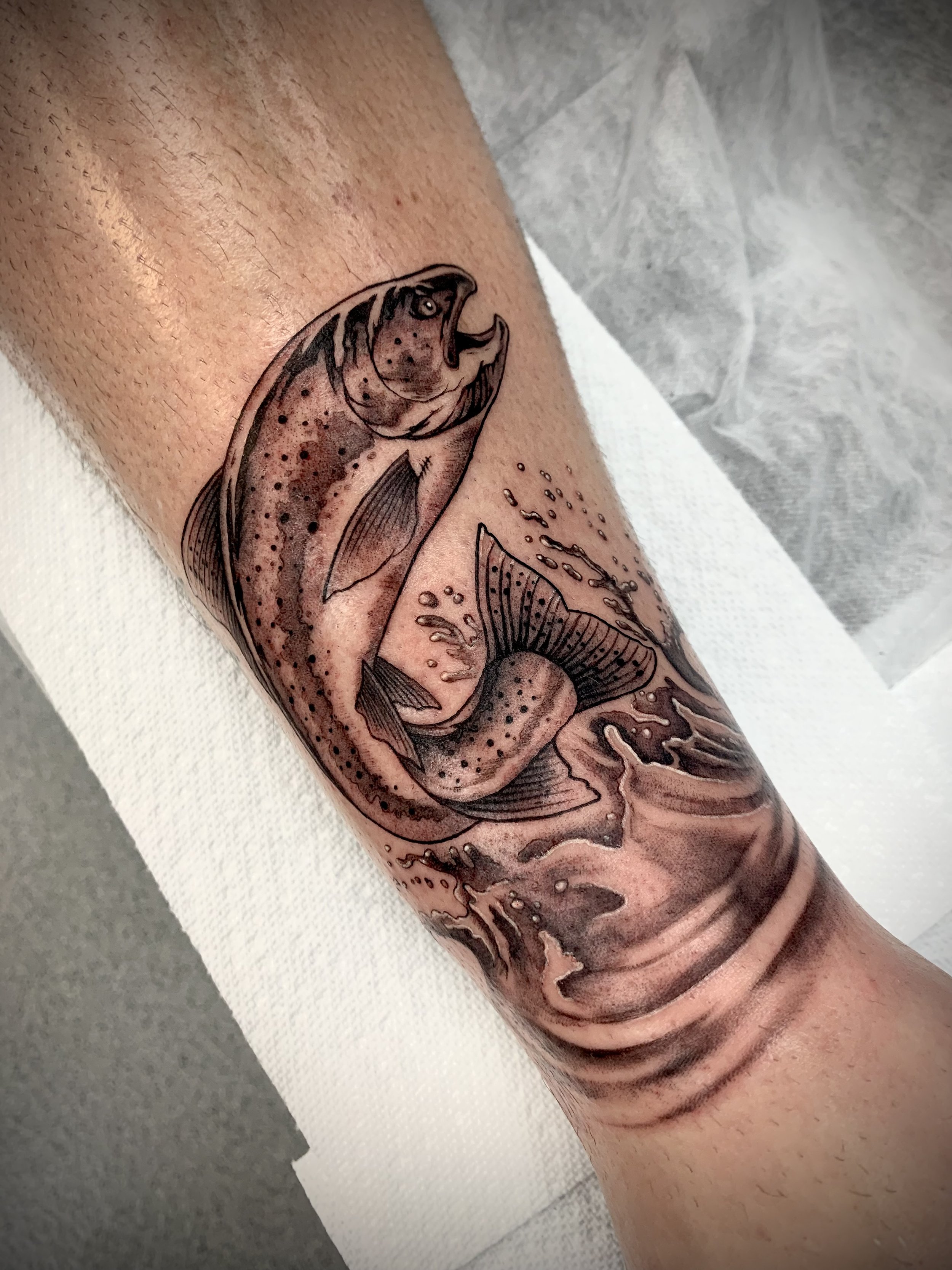 Michigan lake trout tattoo black and grey illustrative realistic