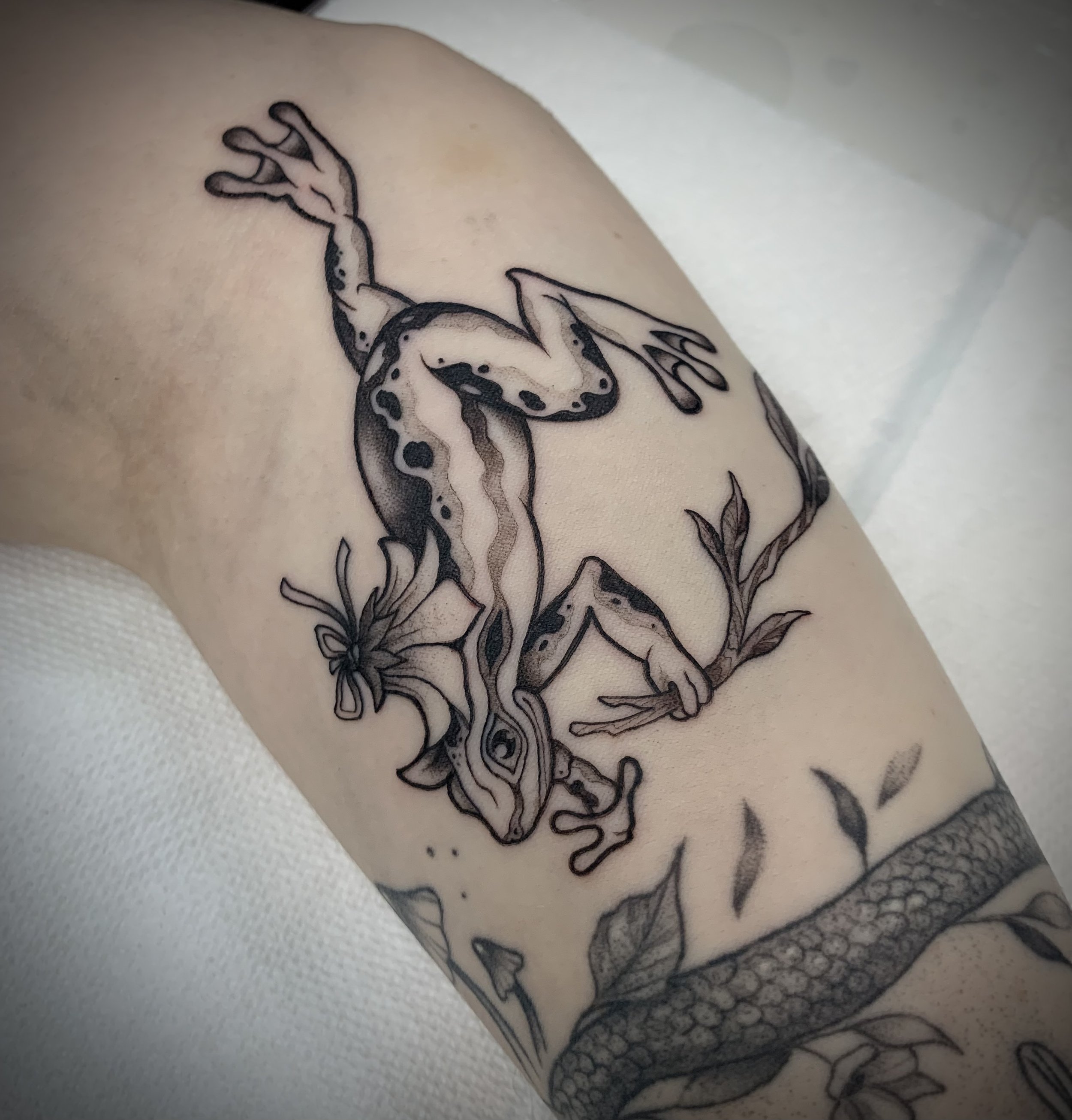 Neo Japanese frog tattoo, black and grey action jump