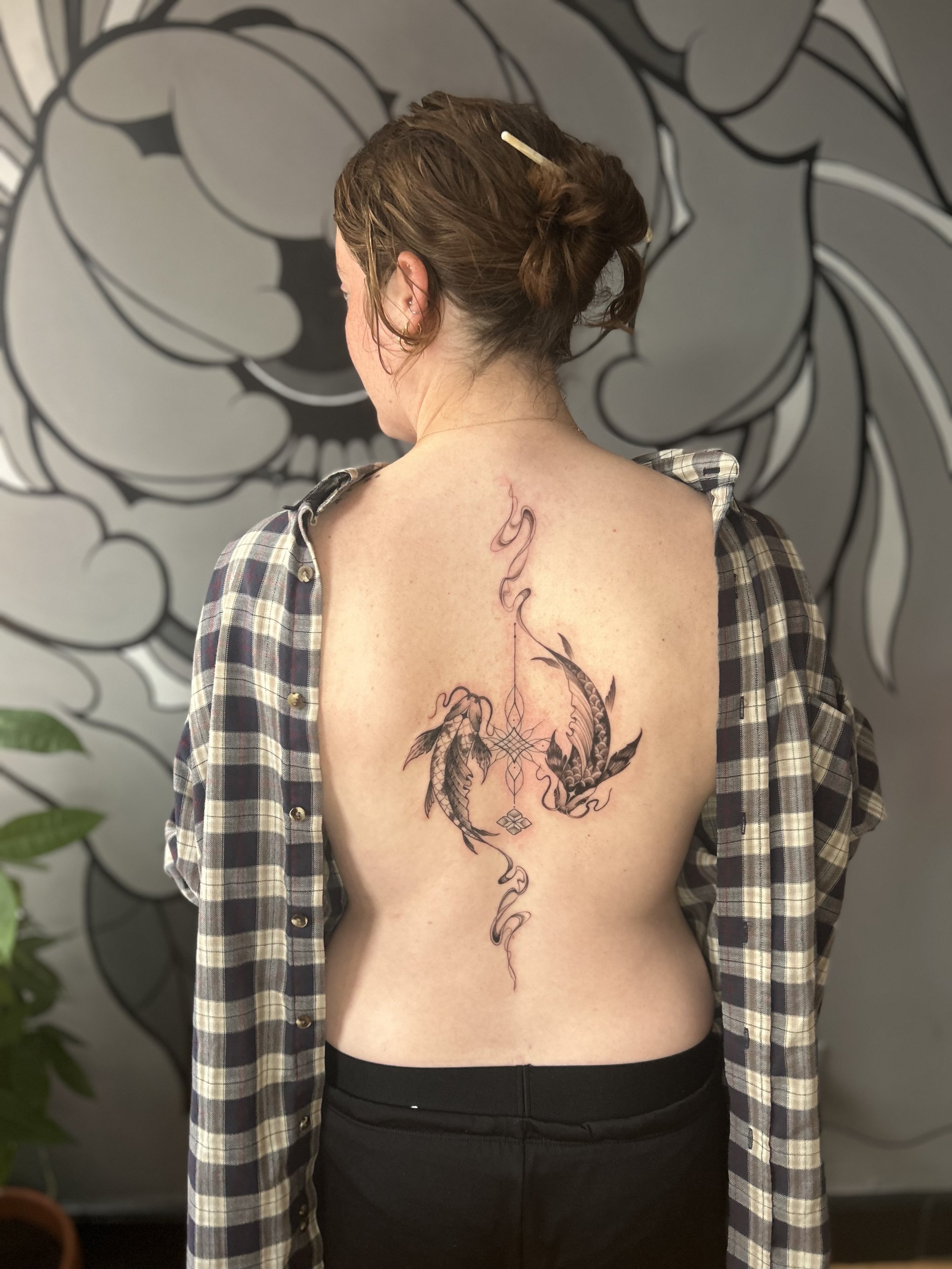 Koi fish Japanese neo traditional black and grey tattoo
