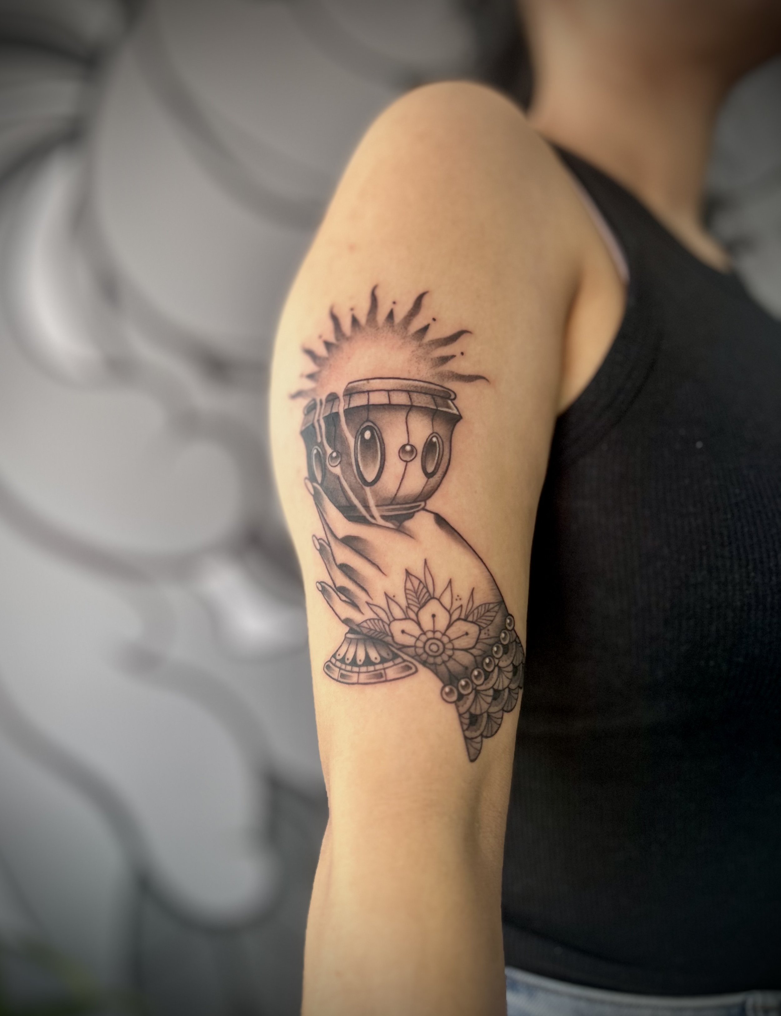 Neo traditional hand and chalice, melting sun