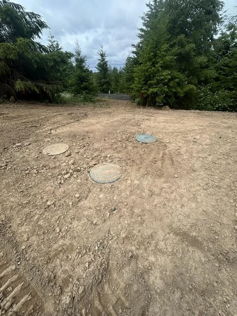 Dirt road with three circular manhole covers and trees on either side under a cloudy sky.