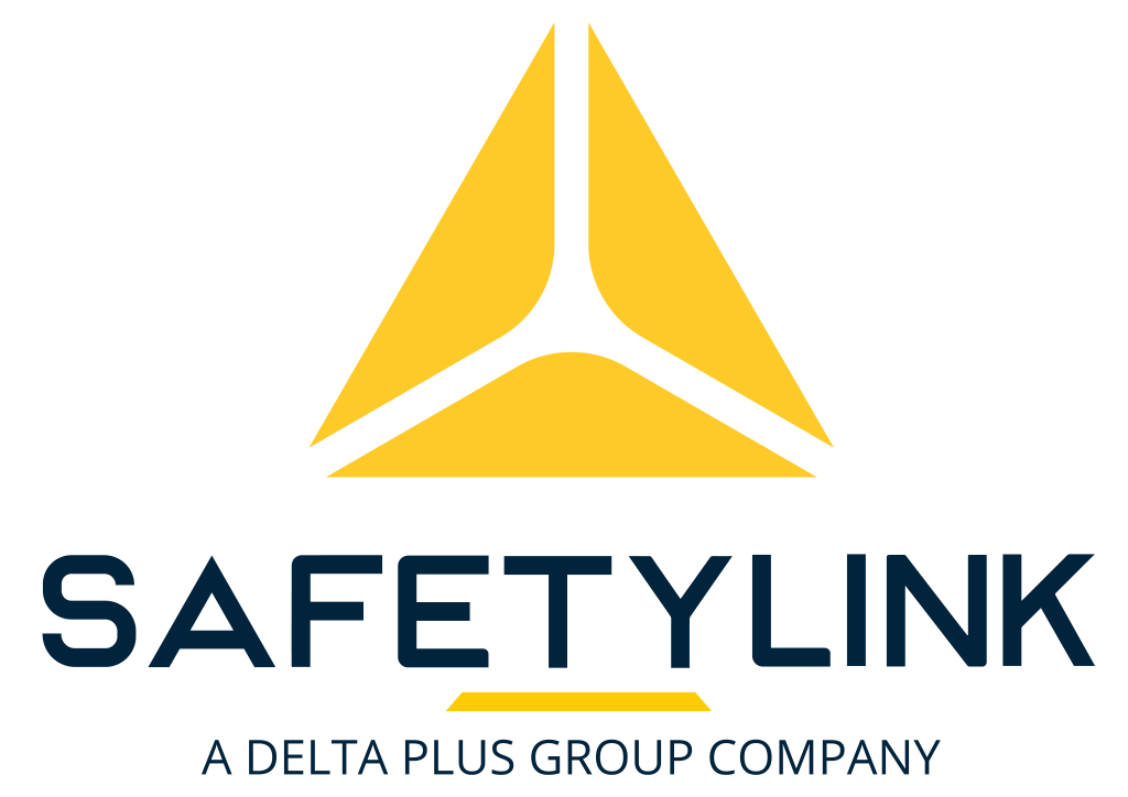 SafetyLink logo featuring a yellow triangle with black borders and a black diagonal line across, with the company name "SAFETYLINK" in bold blue letters below, and the tagline "A Delta Plus Group Company" beneath it.