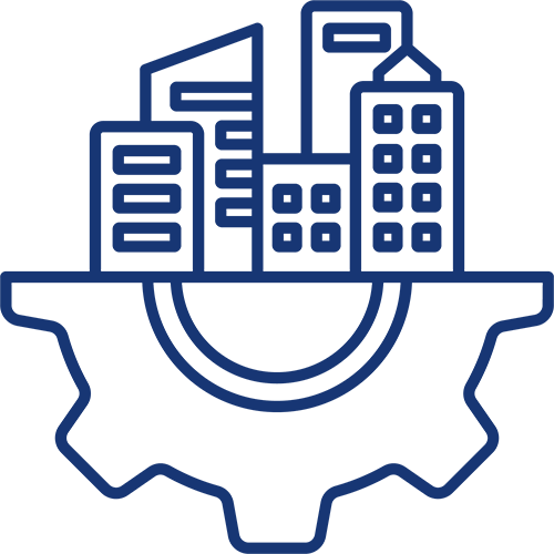 Outline of a gear with a city skyline representing Certifix's tailored solutions to height safety systems 