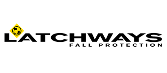 Logo for Latchways Fall Protection featuring a yellow safety helmet icon and the company name in black text.