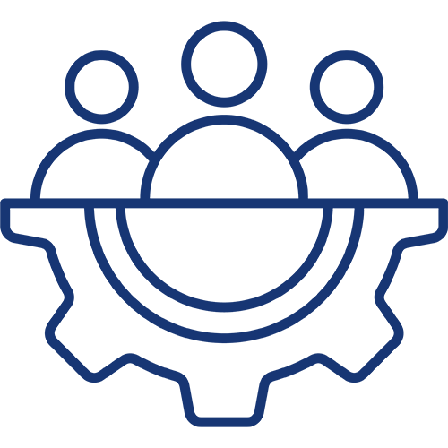 Icon of three people inside a gear, representing Certifix's expert and professional team
