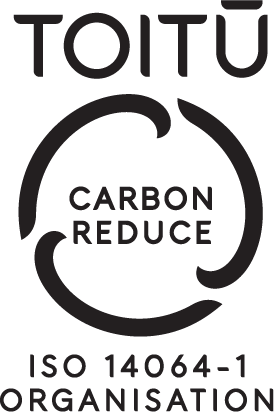 Logo with the words "TOITU" at the top, a circular symbol with a leaf and the words "Carbon Reduce" inside, and certification numbers "ISO 14064-1" and "Organisation" at the bottom.