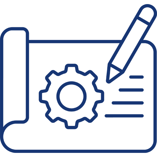 Icon of a blueprint with a gear and a pencil, representing Certfix'sComplete service from design to certification.