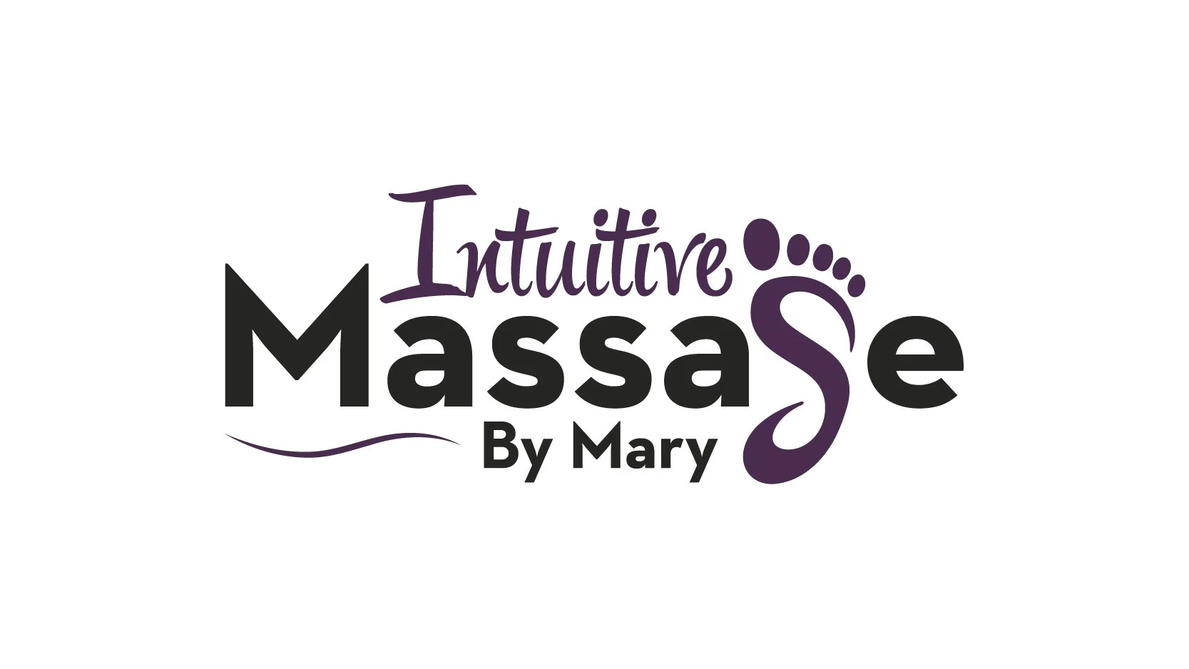 Logo for Intuitive Massage by Mary with stylized text and a purple footprint design.