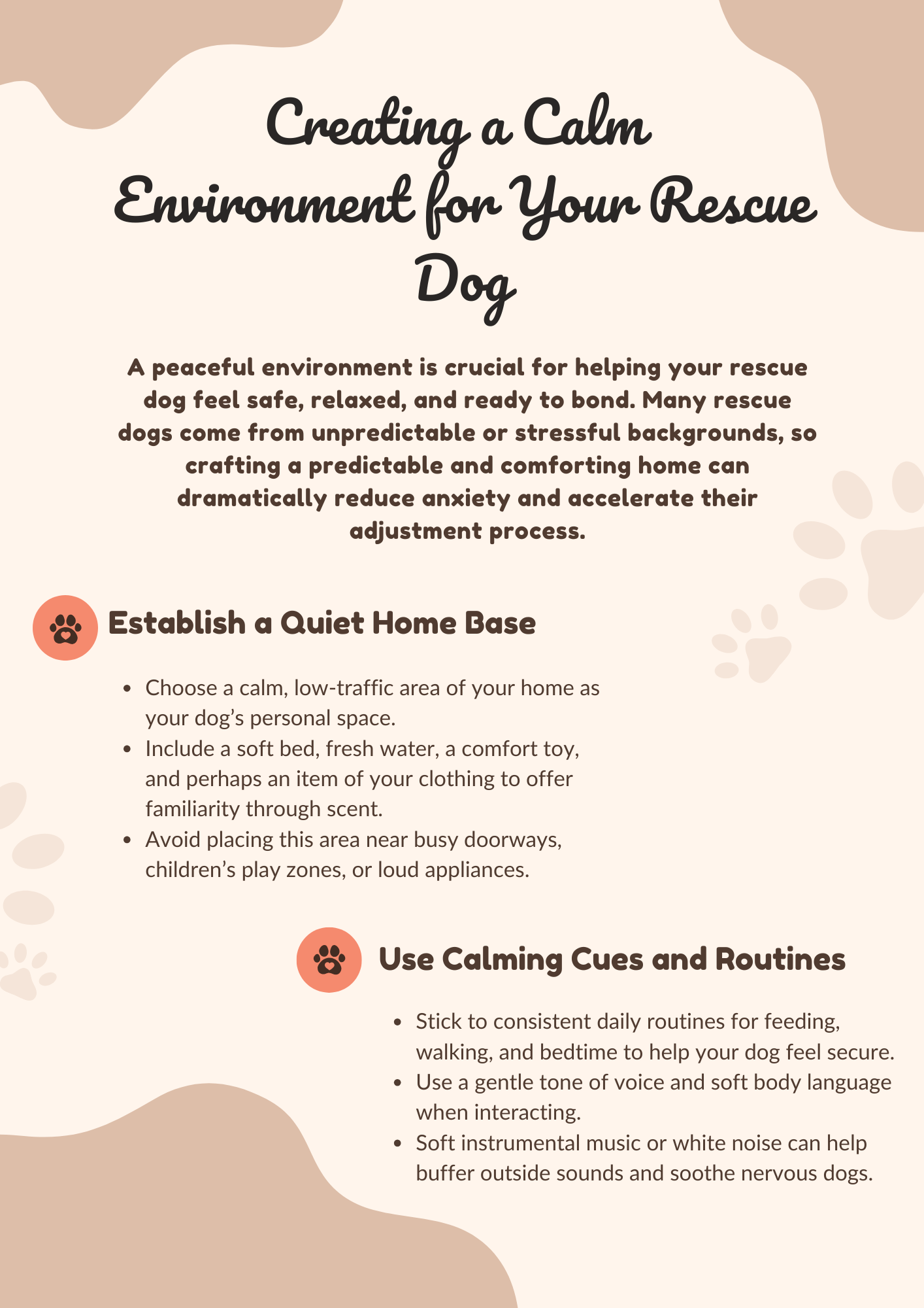 A poster titled 'Creating a Calm Environment for Your Rescue Dog' with tips on establishing a quiet home base and using calming cues and routines. The background is beige with abstract brown shapes, and the text is black with paw print icons.