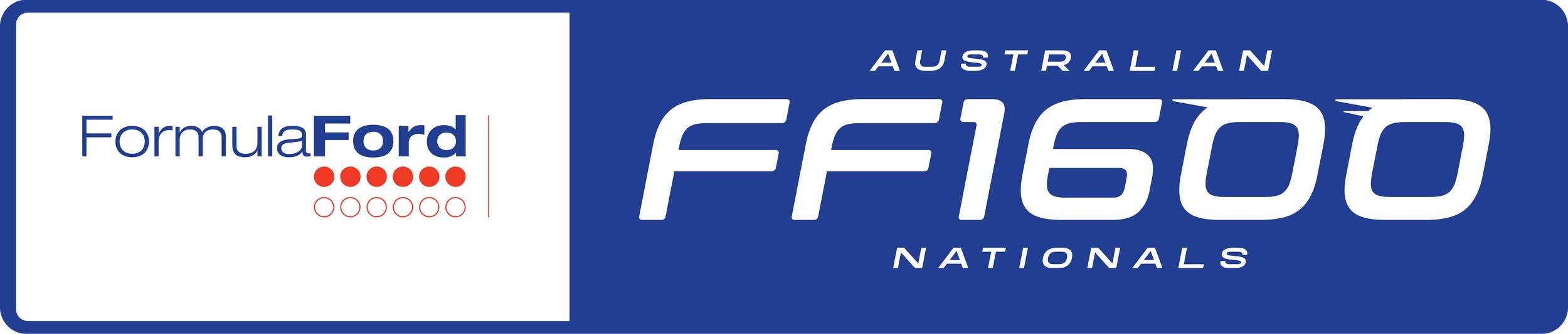 Logo for the Australian Formula Ford F1600 Nationals, featuring the words 'Formula Ford,' the red dots, and 'F1600 Nationals' on a blue background.