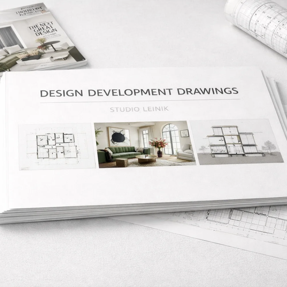 High-end interior design project by STUDIO LEINIK NYC showing coordinated floor plans, lighting, and custom furniture layouts