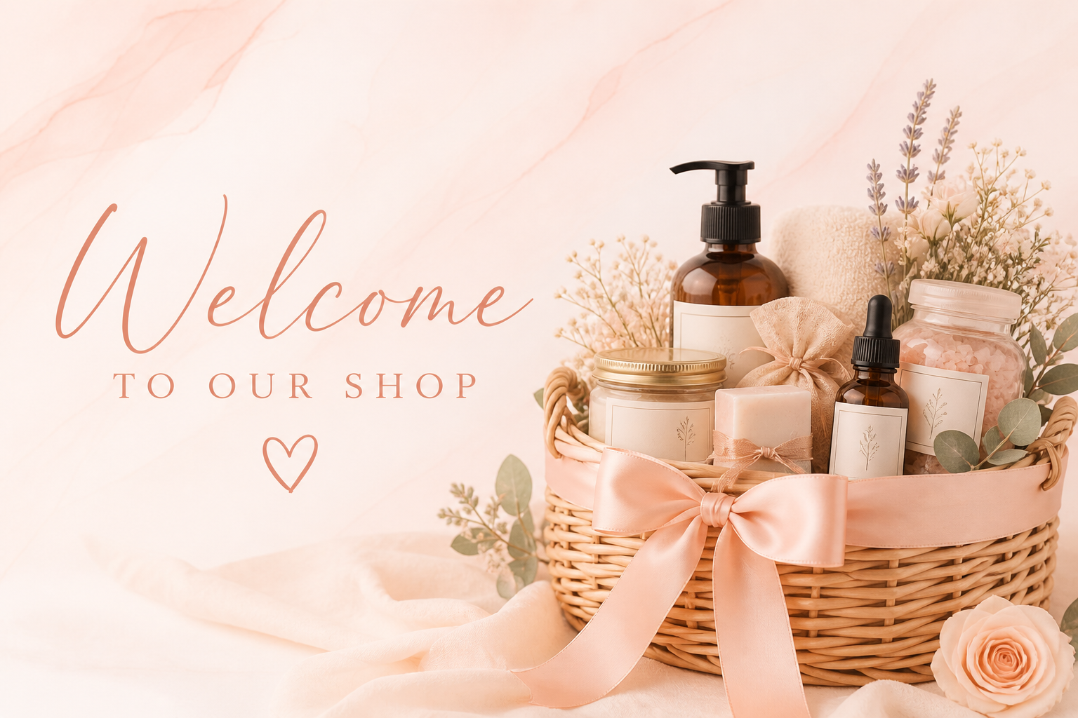 A basket filled with skincare products, including a pump dispenser, jars, bottles, and a soap, decorated with pink ribbons and flowers, with text that says "Welcome to our shop" and a heart symbol.