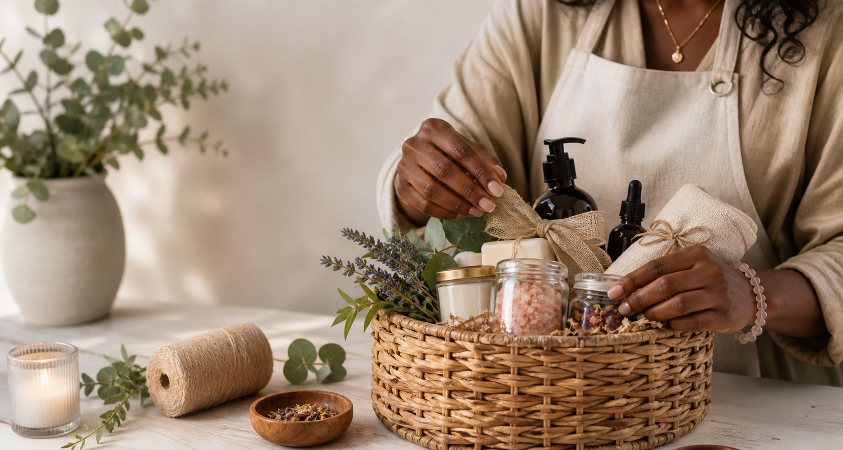 A person in a beige apron arranging natural health and skincare products in a wicker basket on a white table, with a potted plant, candle, and twine spool nearby.